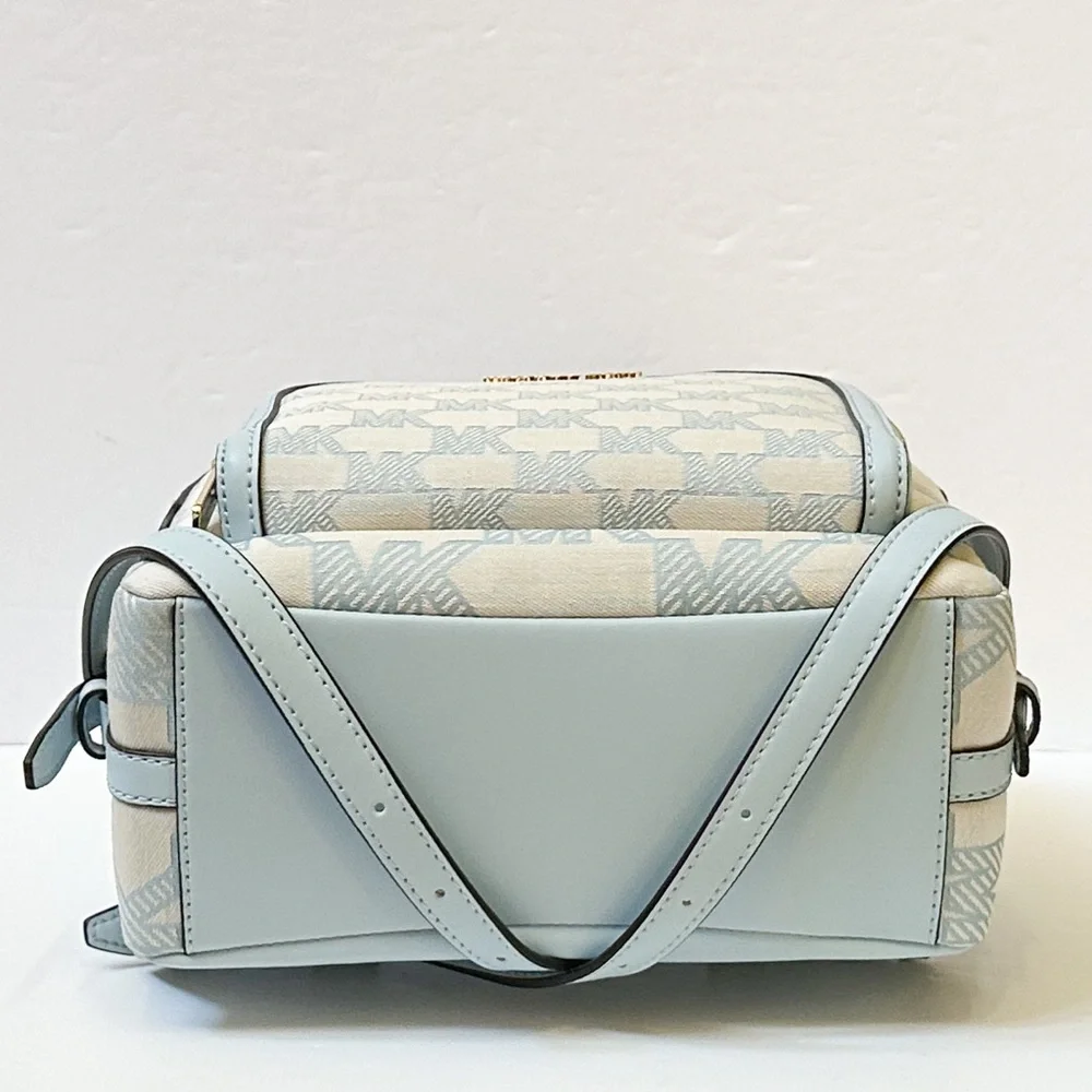 Michael Kors JAYCEE Medium Zip Pocket Backpack Graphic Logo MK Beige Blue